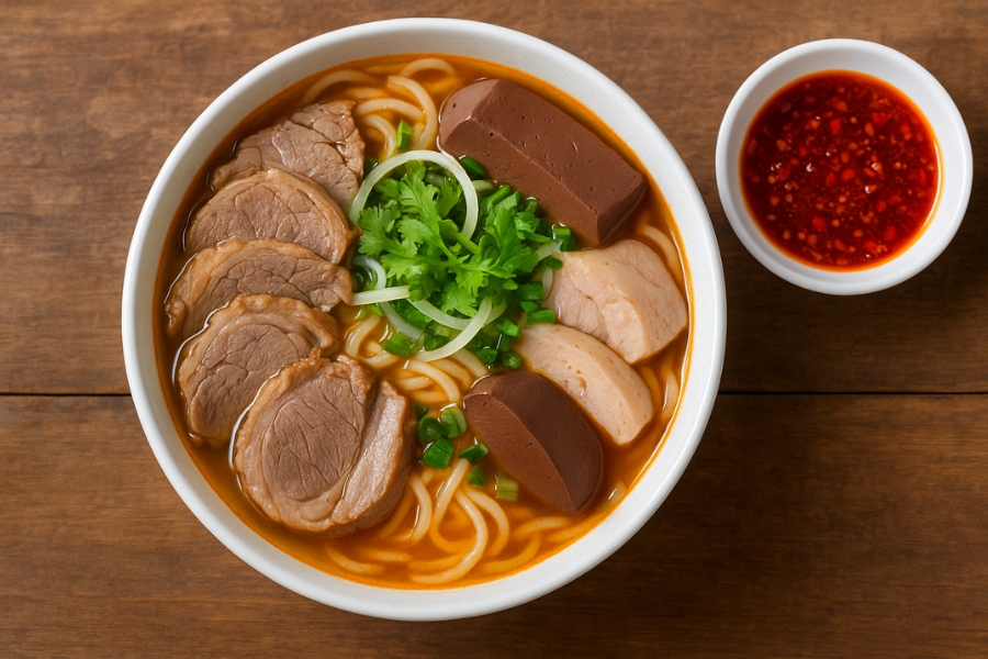 Tô bún bò huế và chén sa tế ớt